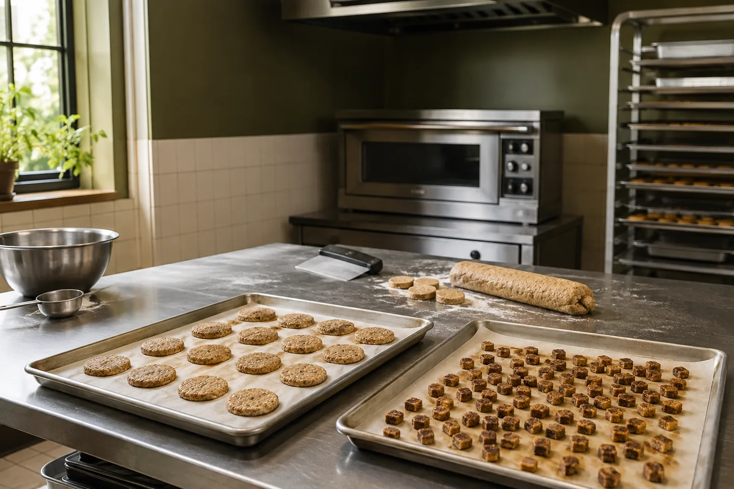 Concept illustration of a small bakery with oat biscuits and training bites on trays, a worktable and a compact oven.